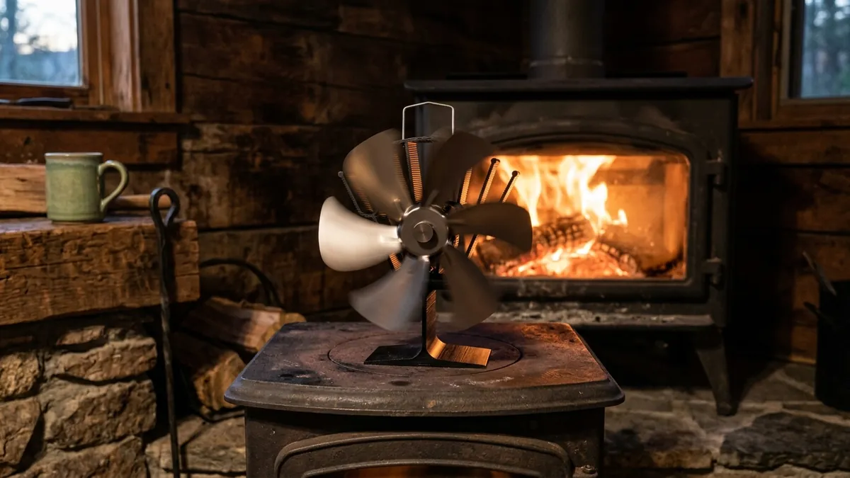 Malý termoelektrický ventilátor s kovovými lopatkami na horúcej platni kachlí